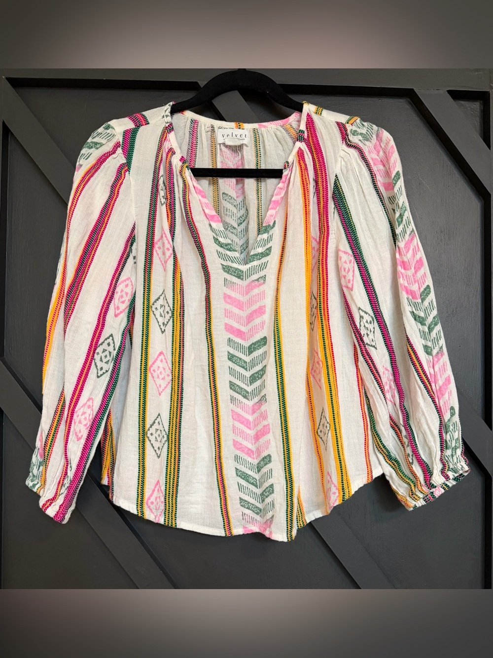 Velvet by Graham & Spencer Beth Striped/Tribal Pattern Jacquard Blouse, Size XS - Picture 4 of 12
